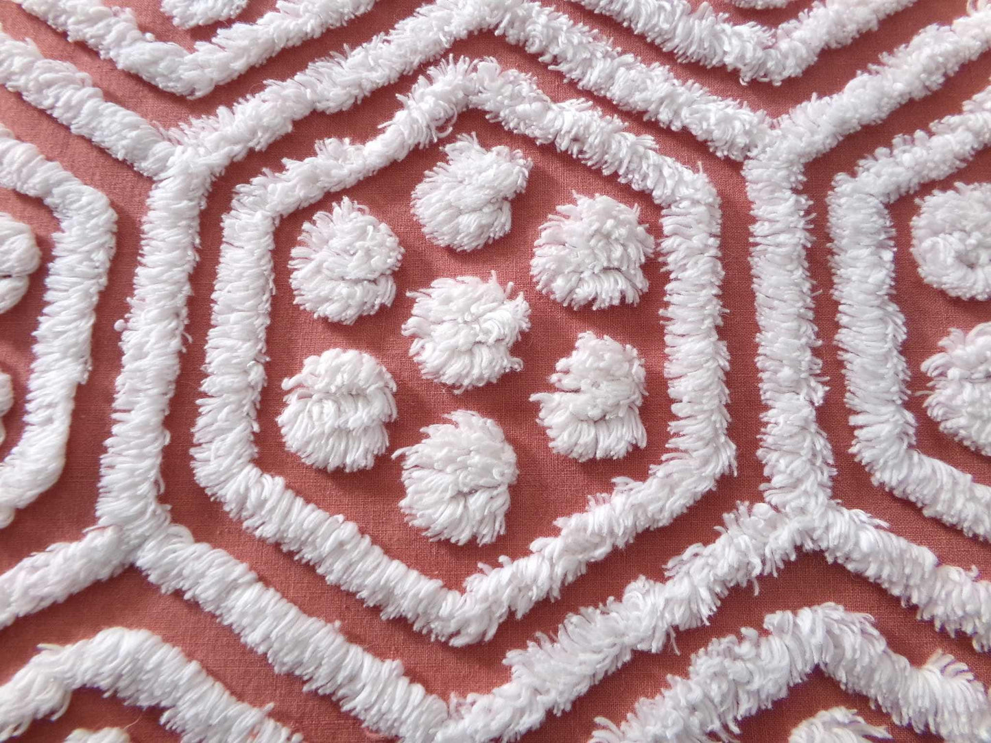 boho vintage chenille fabric, white tufted terracotta geometric design, 18" x 24" quilt material