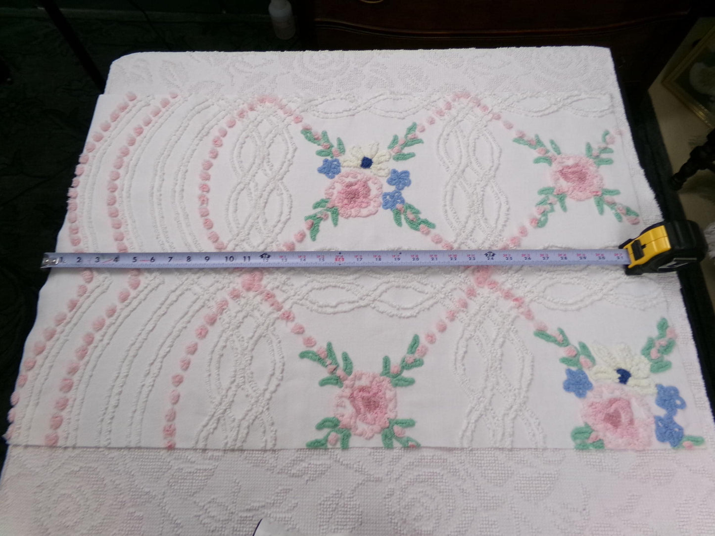 Shabby Wildflowers Vintage Chenille Fabric, pink rose floral sewing material, 20" x 32"
