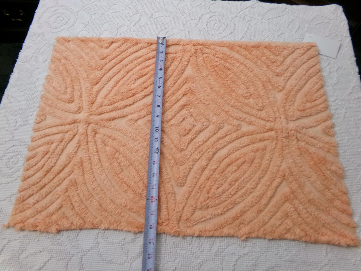 Peach Plush Vintage Chenille Fabric, tufted wedding ring design, sewing craft quilt material, 18" x 25" piece