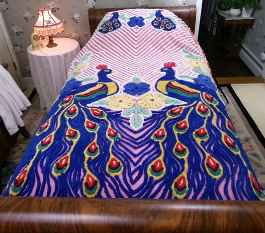 Pink Peacock Vintage Chenille Bedspread, Colorful Cottage Full Size Bedding