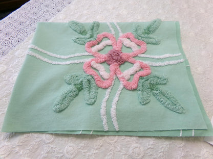 Shabby Soothing Green Vintage Chenille Fabric, Pink Rose Florals, 20 x 27"