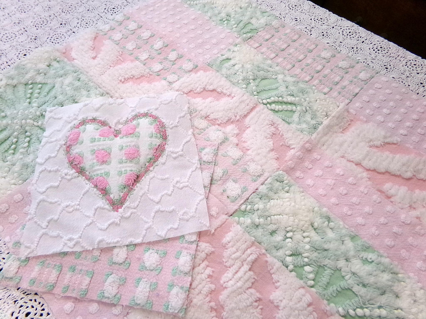 Vintage Chenille Quilt Squares, Pink Green, White 6" Fabric Blocks, Set of 17 for Quilting & Crafts
