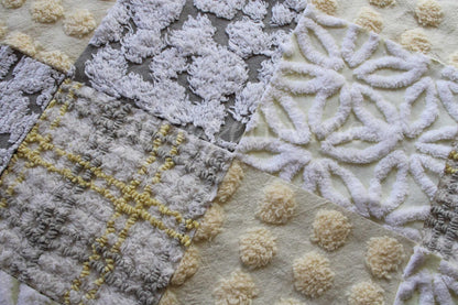 vintage chenille quilt squares, sunshine through clouds, set of 16 grey, white & yellow 6" geometric quilt blocks