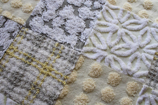 vintage chenille quilt squares, sunshine through clouds, set of 16 grey, white & yellow 6" geometric quilt blocks