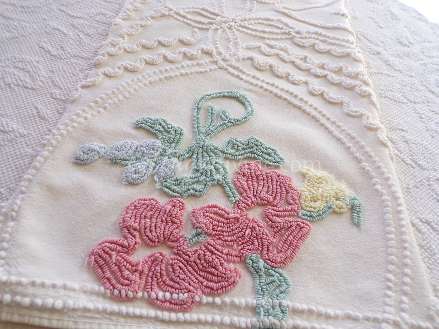 Angelic Lily Vintage Chenille Quilt Fabric Piece, 18" x 25" inches, Pretty in Pillows