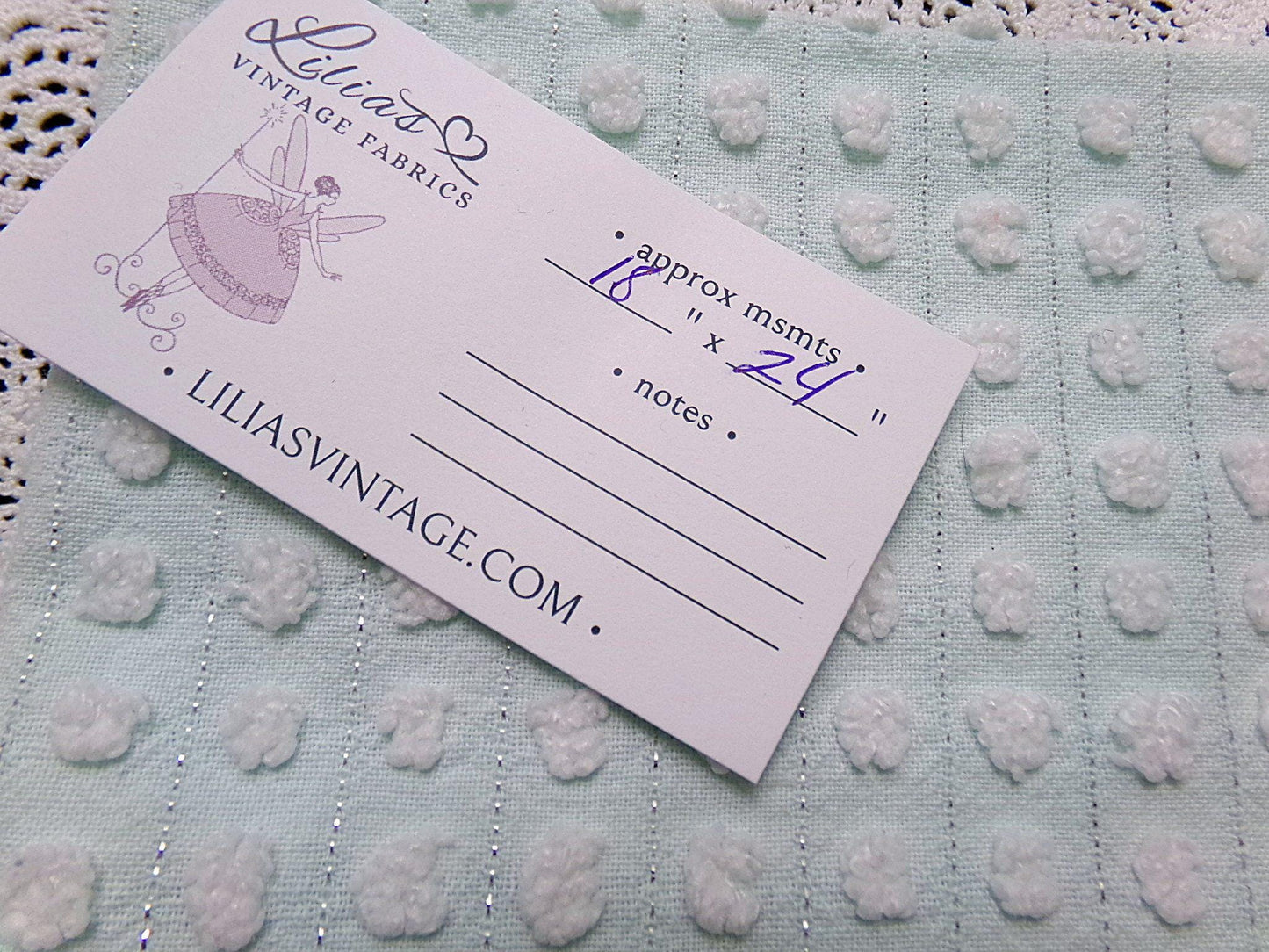 vintage chenille bedspread fabric cool aqua white pops silver lurex 18x24"