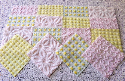 Spring Dance Chenille Quilt Squares, Cheerful Craft Square Set from Vintage Bedspread Fabric, 16 Blocks, 6" x 6" inch, Pink & Yellow