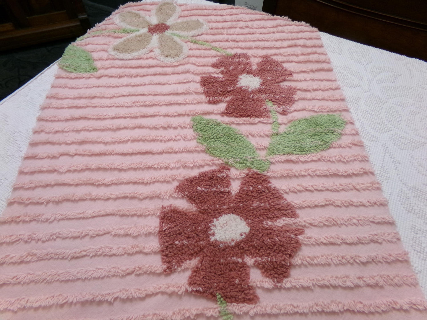 pink vintage chenille bedspread fabric, rambling floral vine sewing craft material 19" x 36"