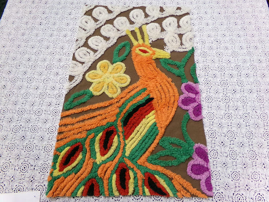Boho Peacock Vintage Chenille Bedspread Fabric Bird Brown Orange 13x21" Small