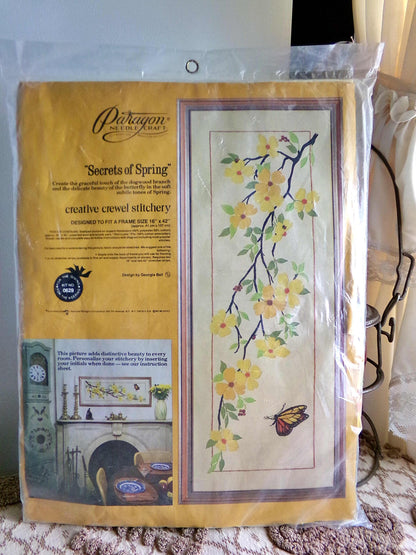 SECRETS of SPRING Crewel Embroidery Kit, HUGE Butterfly & Flowers Wall Hanging, Vintage Paragon Retro Hippie Stitchery, # 0629, Georgia Ball
