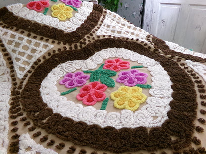 Vintage Chenille Bedspread, Rainbow Hearts Chocolate Brown, Full Size