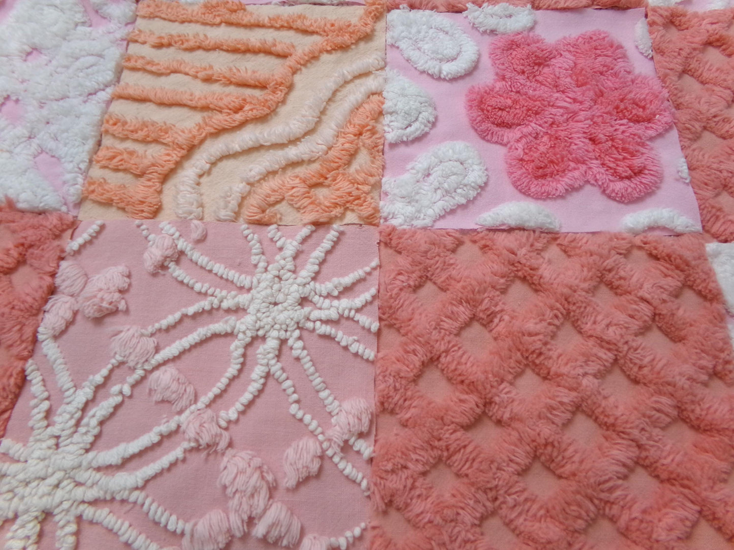 Strawberry Peach Vintage Chenille Fabric Squares Set, 16 Quilt Blocks, 6" x 6" inches each, for Quilting, Sewing, DIY Pillows