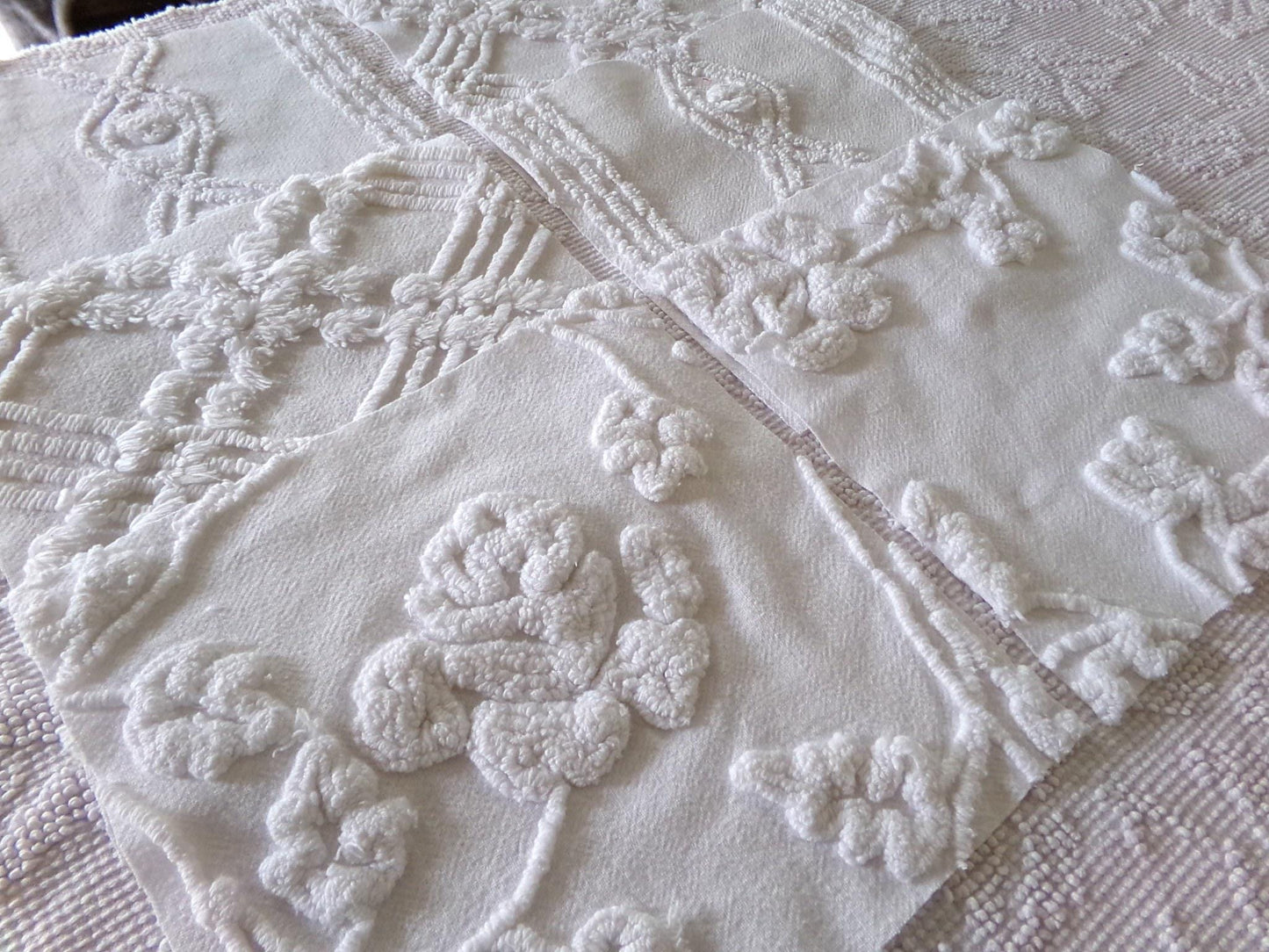 rambling rose vintage chenille fabric squares, set of 6 large 9.5" white quilt blocks, floral & geometric prints for sewing, quilting