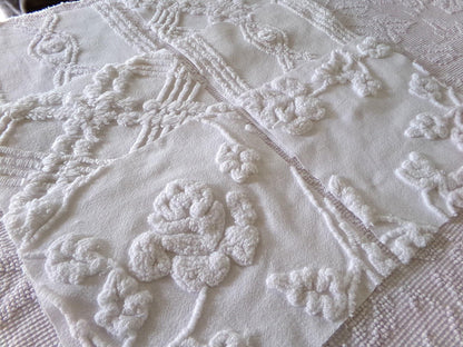 rambling rose vintage chenille fabric squares, set of 6 large 9.5" white quilt blocks, floral & geometric prints for sewing, quilting