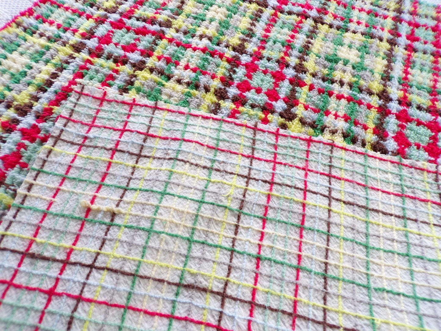brightly colored vintage chenille fabric in retro rustic plaid design, 20" x 24" inch piece of quilt material for sewing & crafts