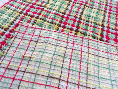 brightly colored vintage chenille fabric in retro rustic plaid design, 20" x 24" inch piece of quilt material for sewing & crafts