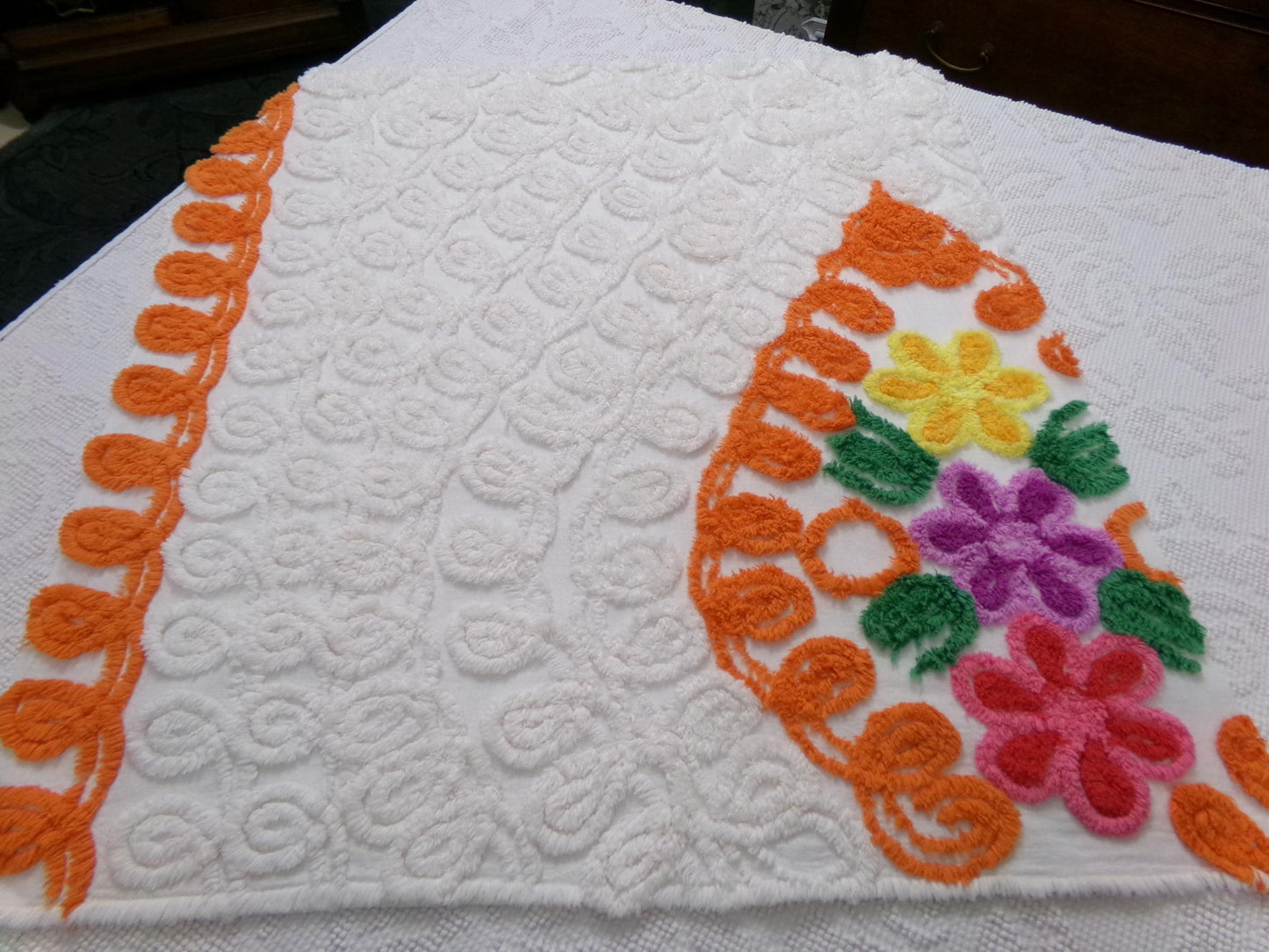 orange & white vintage chenille bedspread fabric, abstract swirl floral design, 25" x 23"