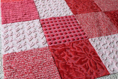 Cupid's Kisses Chenille & Velvet Craft Squares Set from Vintage Bedspread Fabric, 16 Blocks, 6" inch in Pink, Red