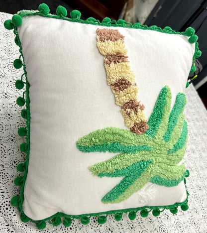 Palm Tree Vintage Chenille Pillow Cover Reversible 12" Square, Tropical Bungalow