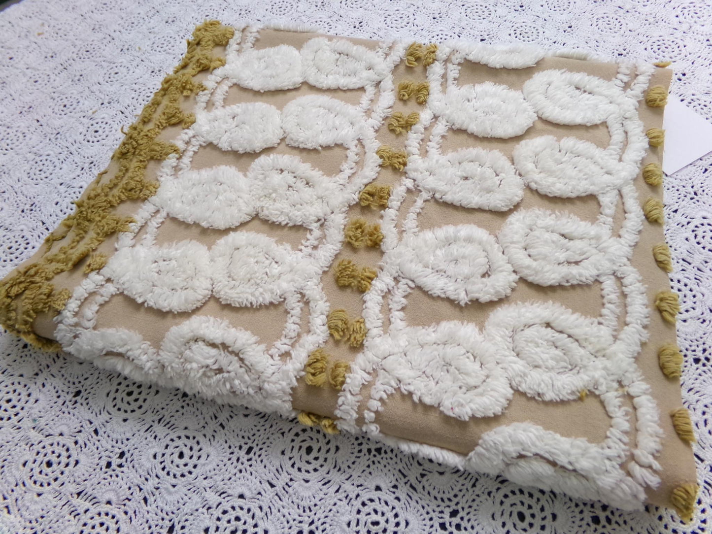 Vintage Chenille Fabric, Creamy Caramel White Dot Swirl Design 12x38" Pc
