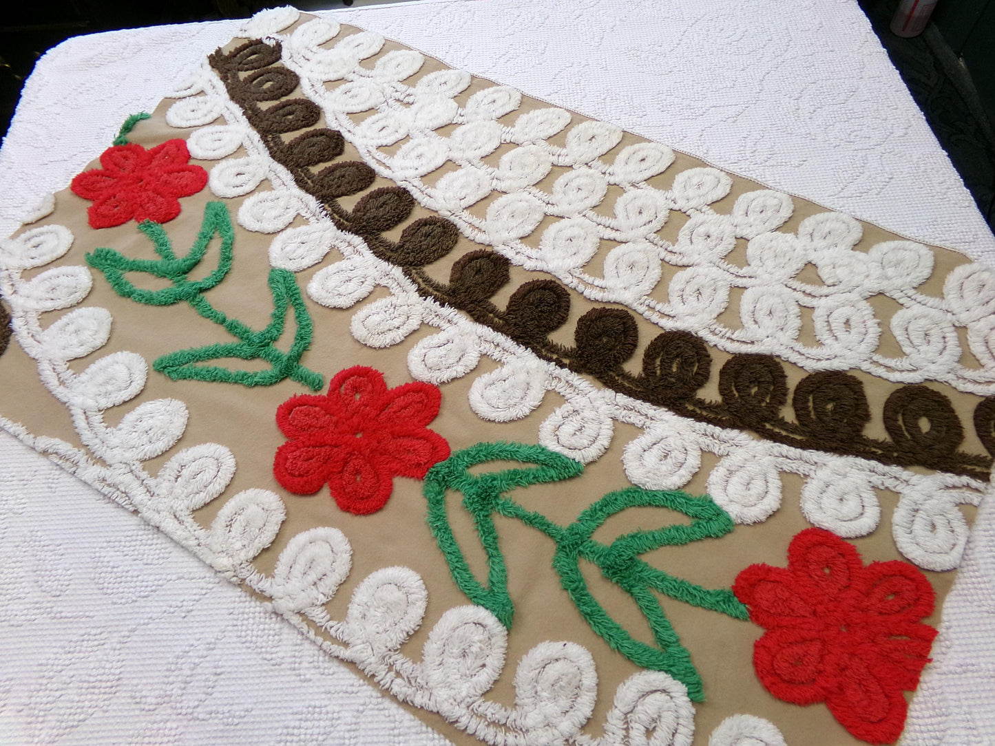 chocolate cherry vintage chenille fabric, delicious arc floral design, 18" x 28" piece