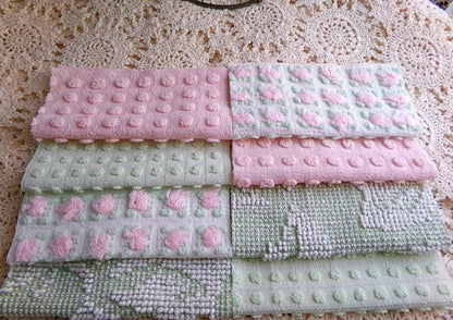 blossom & botanical vintage chenille fabric squares, rotary cut set of 16 quilt blocks 6" each in pink, green