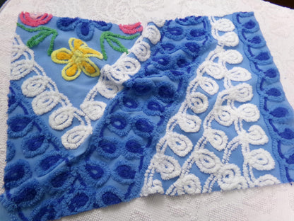 Vintage Chenille Bedspread Fabric, Boho Coastal Blue & White 16" x 23" Piece Sewing Material