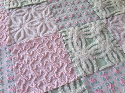 Chenille Squares Set, "Flower Petals," 16 Vintage Fabric Quilt Blocks, 6" inch in White Daisy, Pink Rosebud, Mint Green, Squiggles
