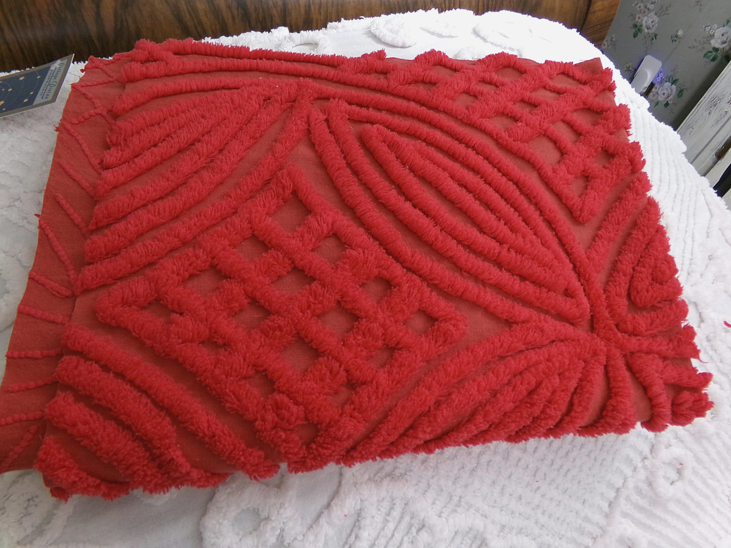 Vintage Chenille Bedspread Fabric Cherry Red Craft & Sewing Material 18" x 25"