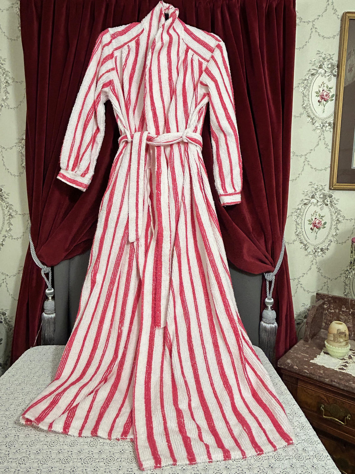 Vintage Chenille Robe Red & White Candy Stripe, Full Length Women’s Small Bathrobe