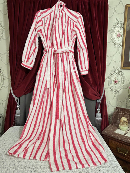 Vintage Chenille Robe Red & White Candy Stripe, Full Length Women’s Small Bathrobe