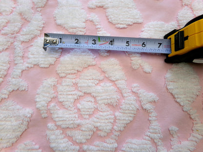 sculpted rose pink vintage chenille fabric, stylized roses cottage chic sewing material, 24" x 20" piece