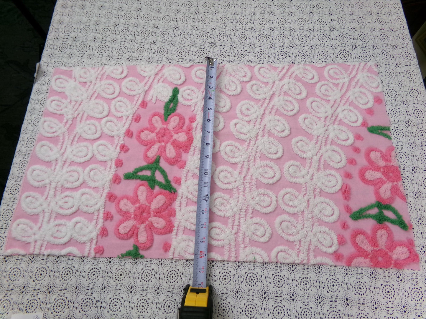Peeking Pink Flowers Vintage Chenille Bedspread Fabric, 15" x 26" piece