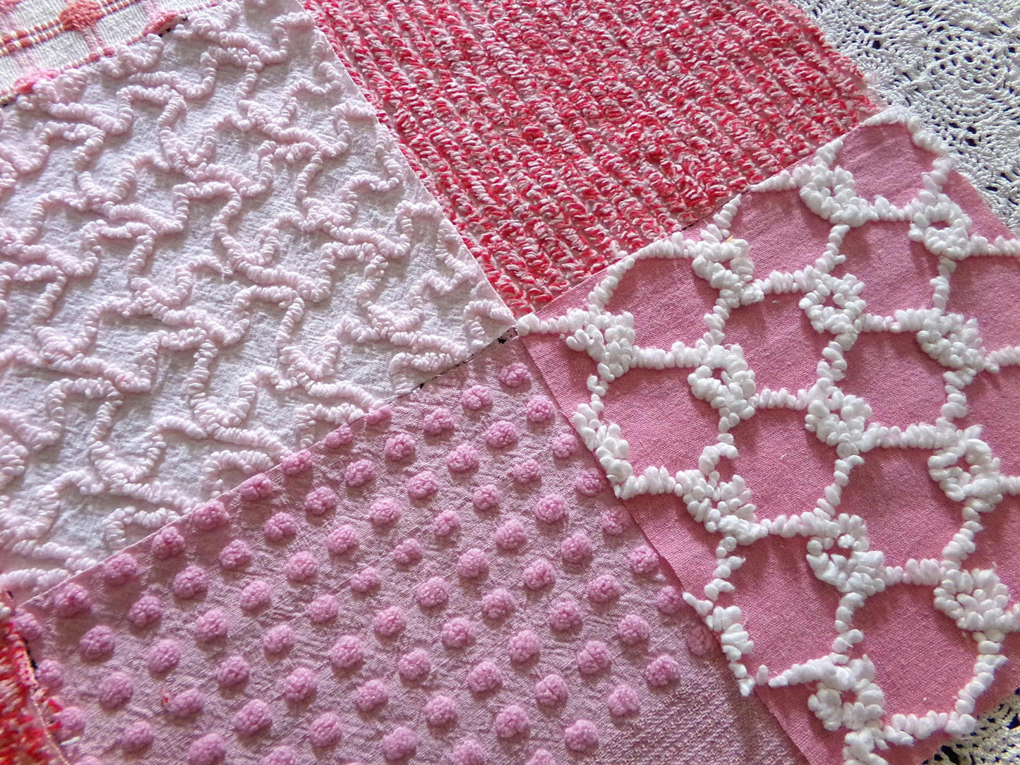 Pink *Strawberry Shortcake* Colors Vintage Chenille Fabric Squares, Set of 17 Adorable 6" Quilt Blocks for Quilting, Sewing