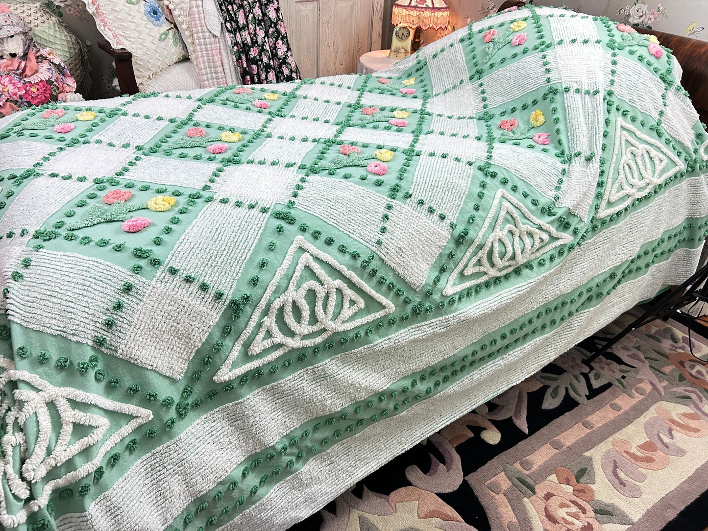 Mint Green Floral Vintage Chenille Bedspread, Cottage Garden Trellis Flowers, Full