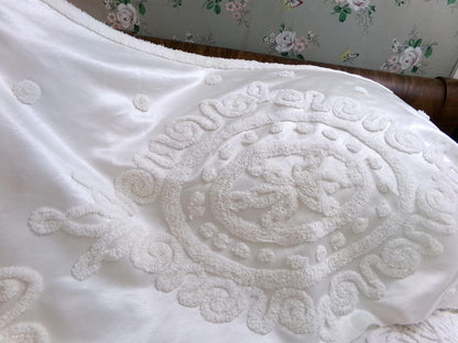 Romantic White Vintage Satin Chenille Bedspread Fabric, Shabby Large Medallion 38x20"
