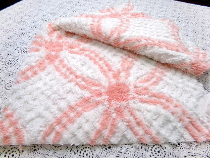 summer peach vintage chenille bedspread fabric white geometric quilt material 20x25"