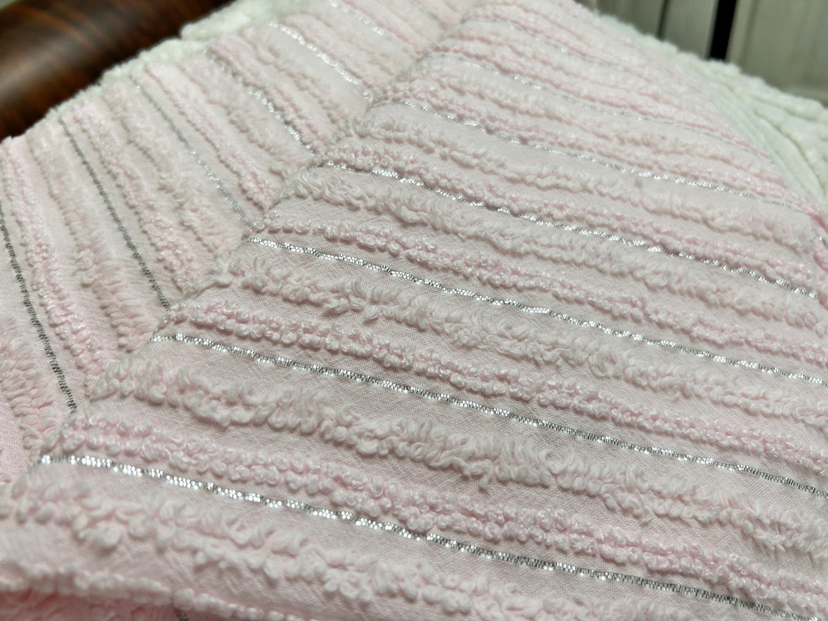 Light Pink Vintage Chenille Fabric, Silver Shimmer Stripes, 22x24"