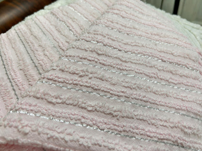 Light Pink Vintage Chenille Fabric, Silver Shimmer Stripes, 22x24"