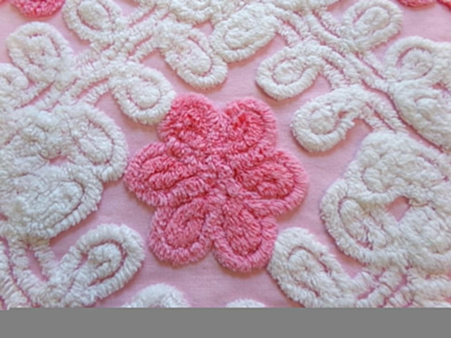 Strawberry Pink Vintage Chenille Fabric Whimsical Floral Sewing Material 21" x 21"