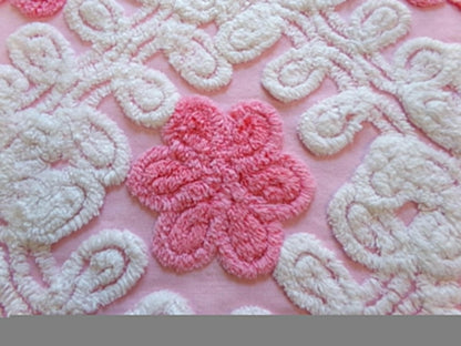 Strawberry Pink Vintage Chenille Fabric Whimsical Floral Sewing Material 21" x 21"