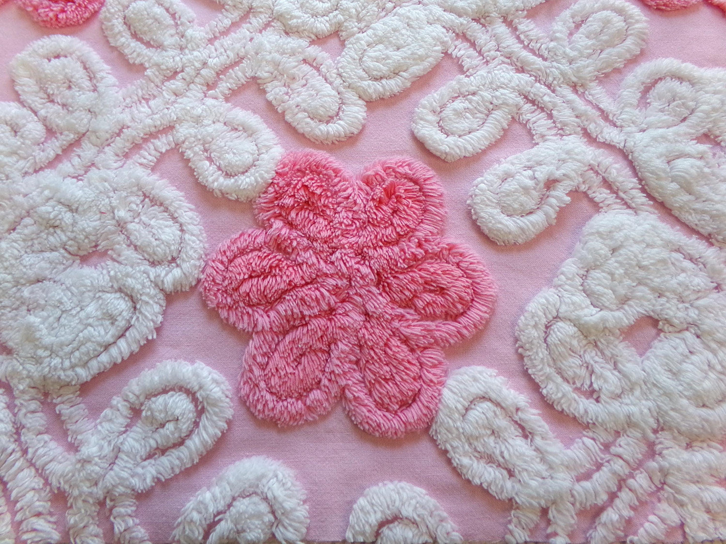 Strawberry Pink Vintage Chenille Fabric Whimsical Floral Quilt Material 21x21"