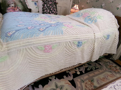 Pastel Peacock Vintage Chenille Bedspread, Boho Creamy Cotton Full Size