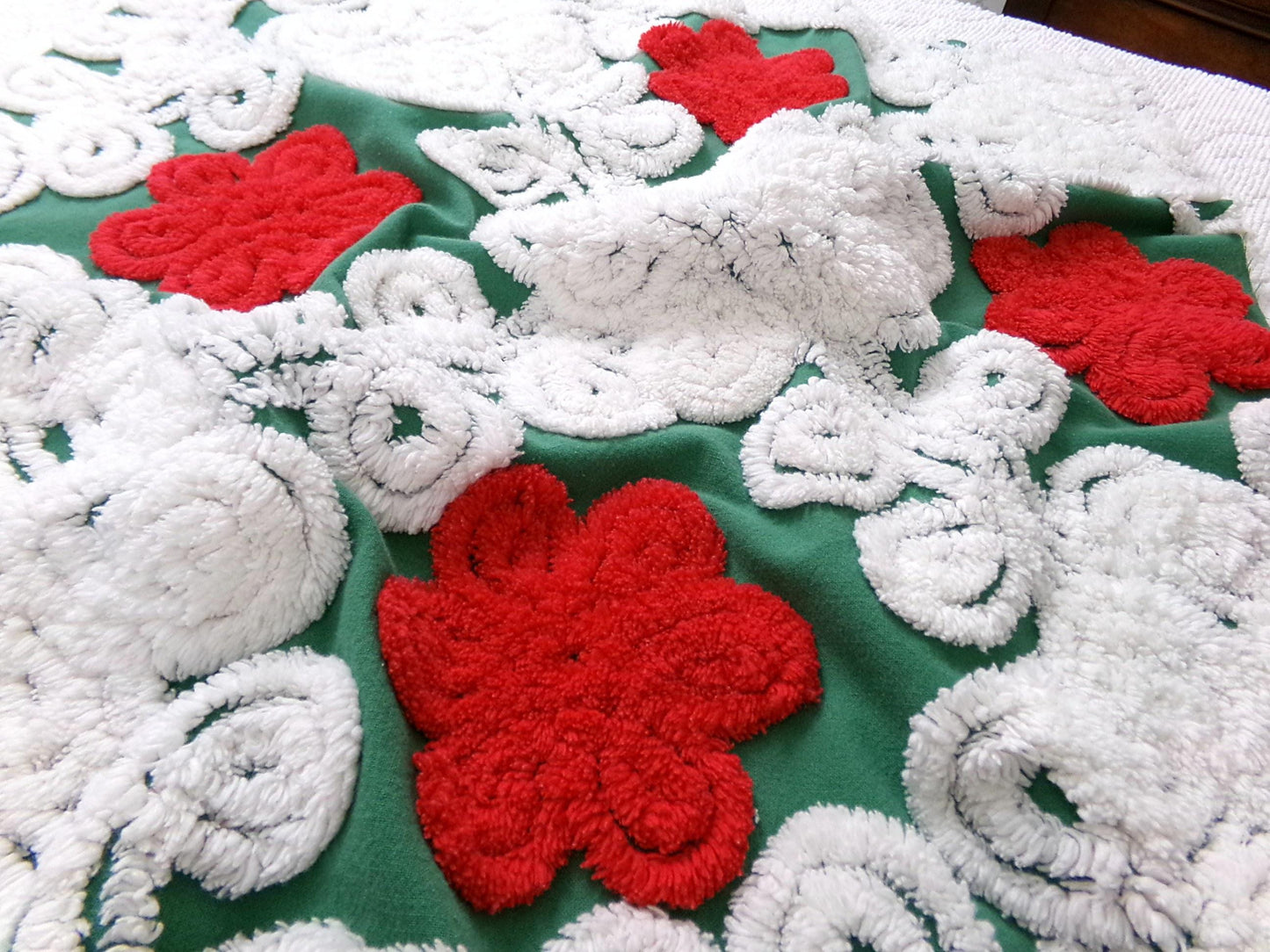Evergreen Rose Vintage Chenille Fabric, white swirl sewing craft quilt material, 20" x 24" piece