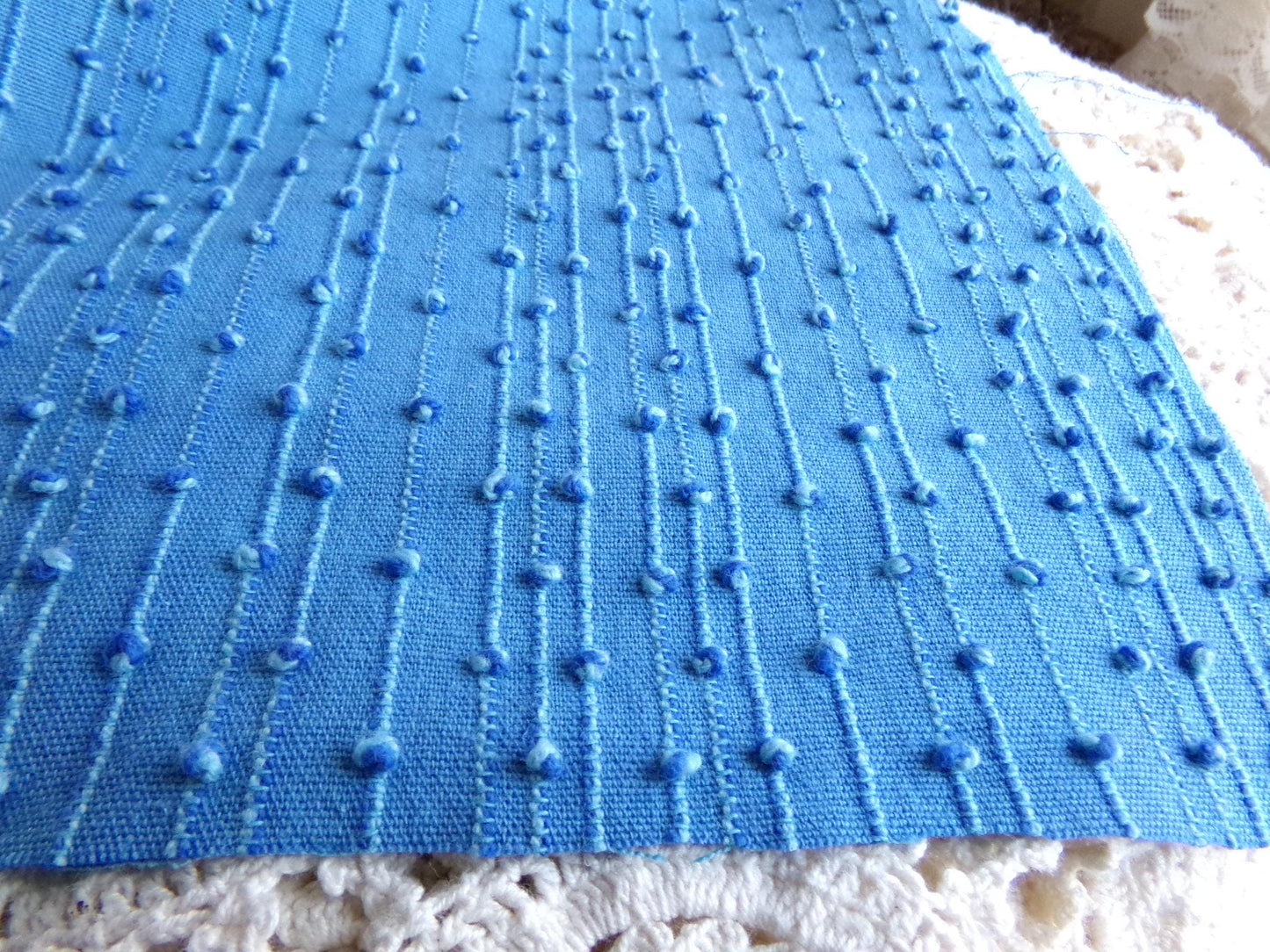 baby raindrops vintage woven chenille fabric, tiny marbleized raised blue dots, 18 x 24"