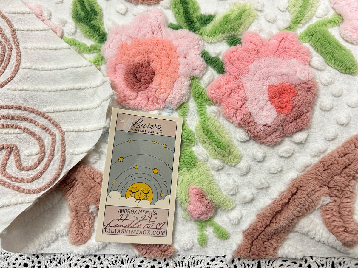 Vintage Floral Chenille Fabric, 22x24" Antique Sewing Textile