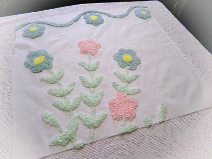 pastel floral tufted fabric, cut from a vintage style chenille bedspread, 20" x 23" piece