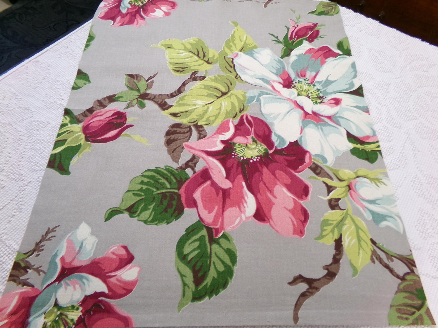 Vintage Barkcloth Fabric 1940s Pink Aqua Magnolia Floral Gray Mid-Century, 22" x 34"