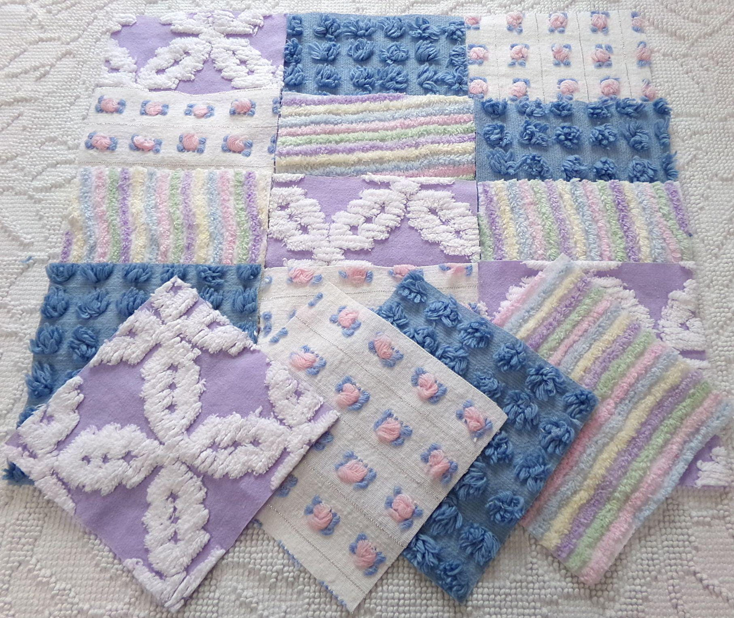 moonlit rainbow chenille fabric squares, set of 16 vintage quilt blocks 6" inches ea, dreamy serene blue, pink rosebuds, soft lilac