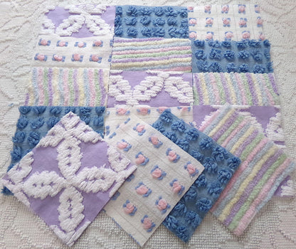 moonlit rainbow chenille fabric squares, set of 16 vintage quilt blocks 6" inches ea, dreamy serene blue, pink rosebuds, soft lilac